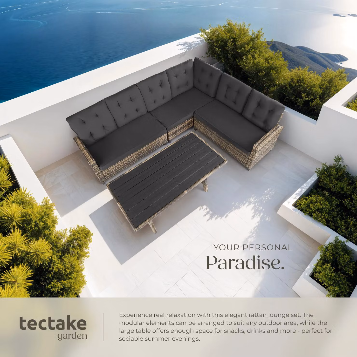 tectake Catania L-Shape Garden Furniture Set in Natural Polyrattan with Grey and Sand Upholstered Cushions and Coffee Table – 4