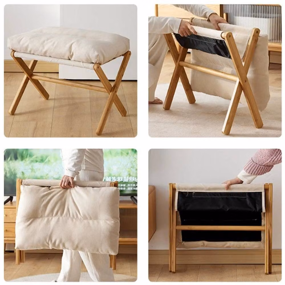FLAVORA Foldable Footstool with Bamboo Legs and Beige Fabric Soft Pad – 2