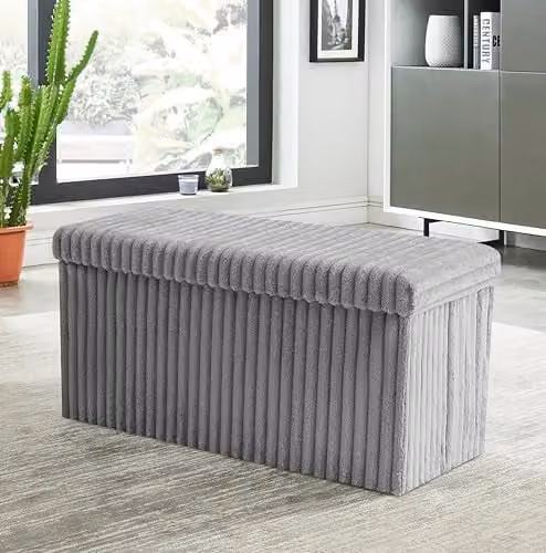 GC GAVENO CAVAILIA Large Ottoman Storage Box with Lid, Grey Striped Rectangular Footstool Bench, W: 76 cm, D: 35 cm, H: 35 cm