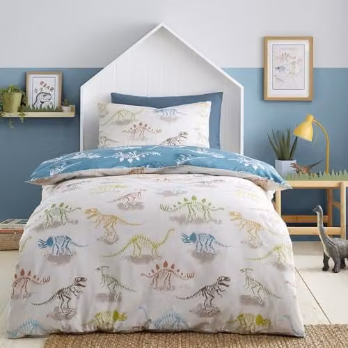 Bedlam Skeleton Dino Reversible Childrens Duvet Cover and Pillowcase Set, Natural, W/D/H: 135 x 200 cm