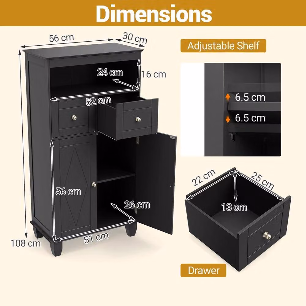 Hinsinc Modern Freestanding Black Pine Bathroom Storage Cabinet with Hinged Doors and Internal Shelves, H 108.0 cm x W 56.0 cm – 2