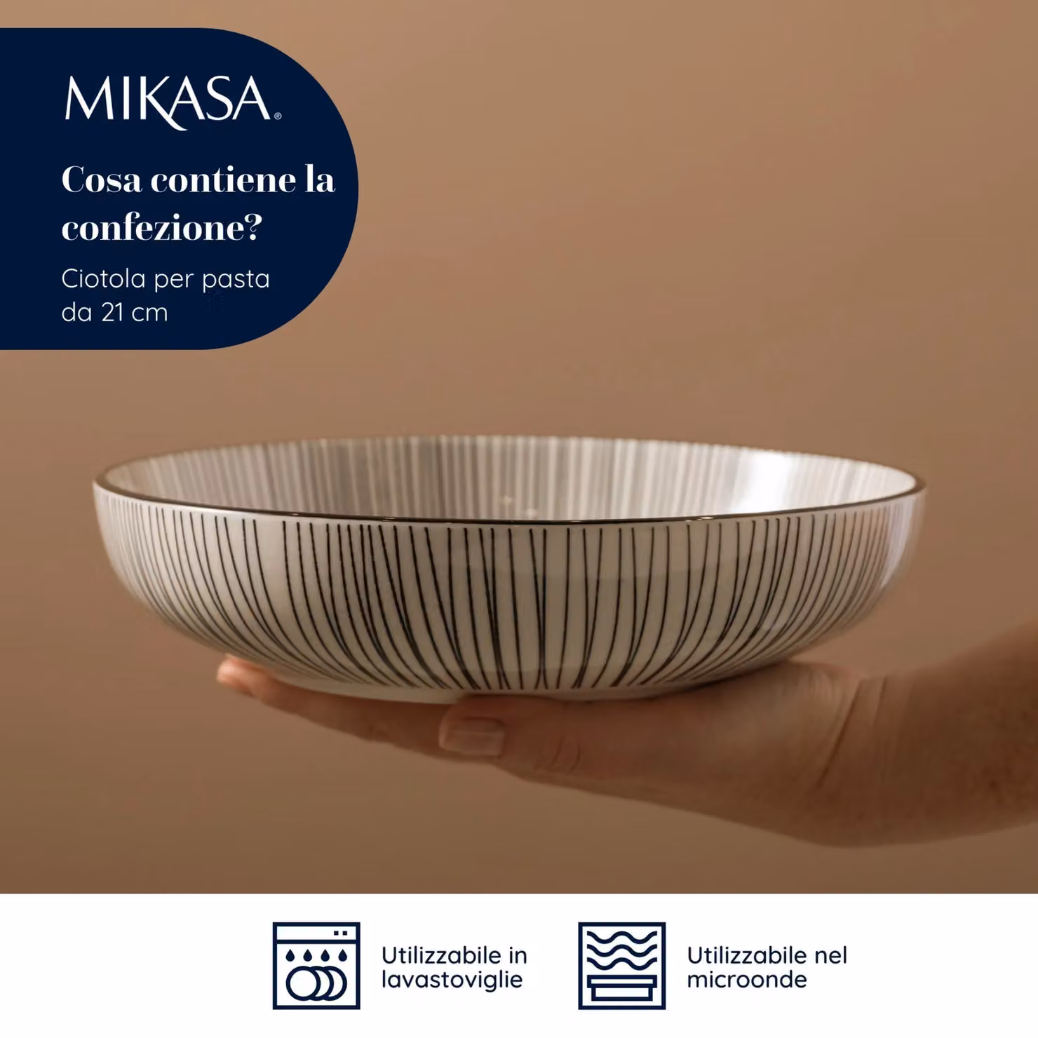 Mikasa Glazed Stoneware Coupe Pasta Bowl in Green Geometric and Black, 21 cm – 4