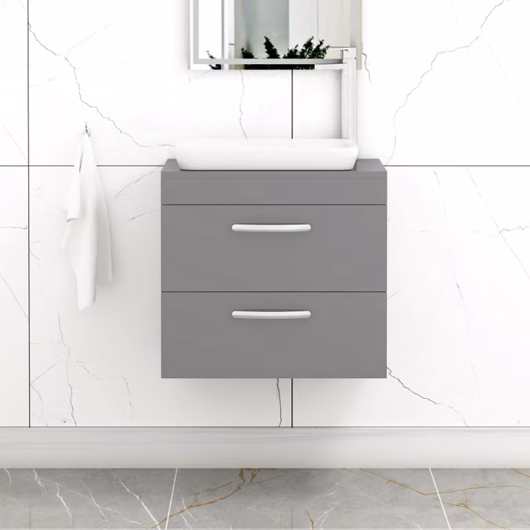 Qubix Turin 800mm Wall Hung Vanity Unit with 2 Drawers and Countertop Basin in Indigo Grey Gloss