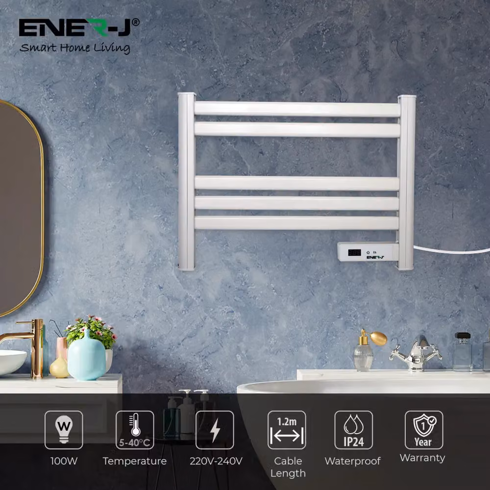 ENER-J Infrared Towel Rail Heater, 5 Bar, 100W, White, Wall Mounted – 3