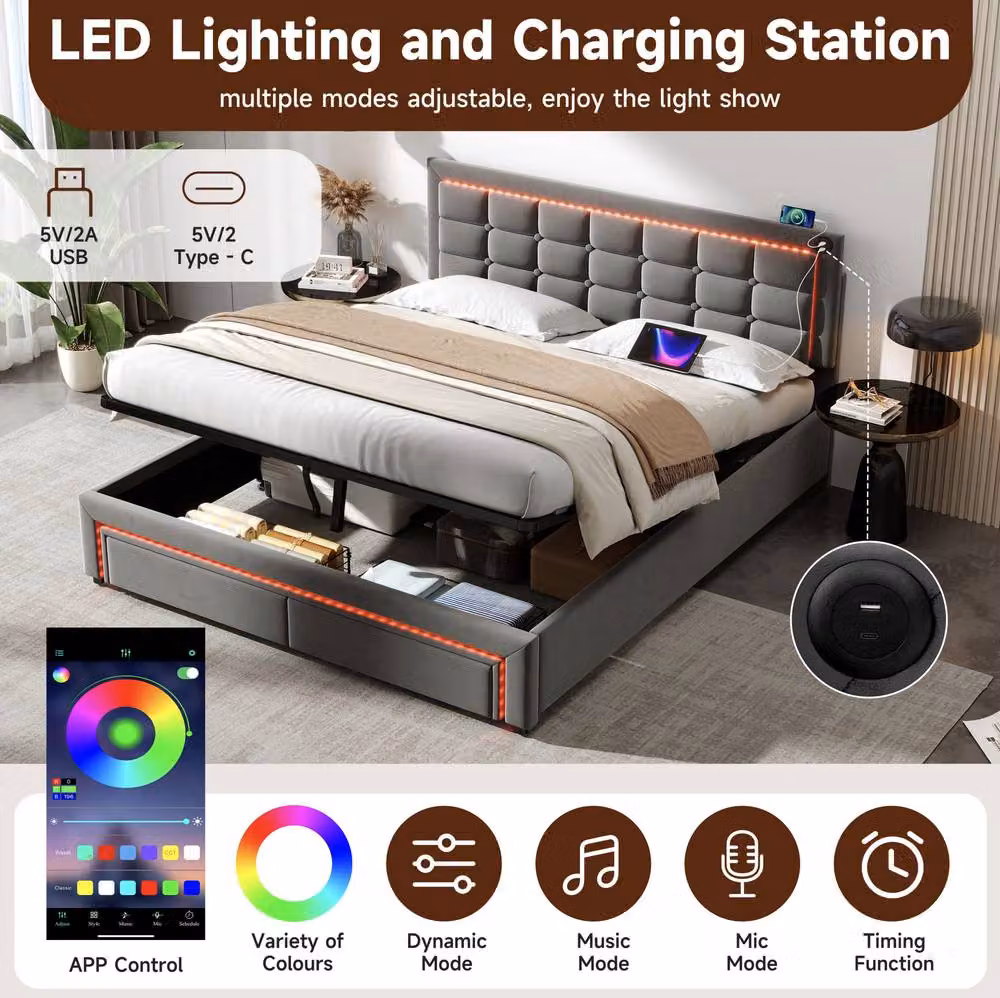 STILVORA King Size Ottoman Bed with Storage, USB Charging Port and LED Lighting in Grey Velvet – 5