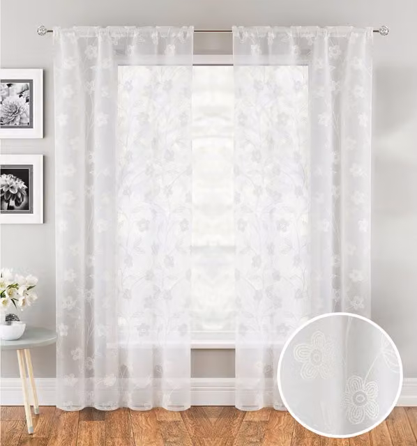 Tyrone Textiles Pair of White Floral Print Sheer Voile Rod Pocket Fabric Panels, Height: 229 cm