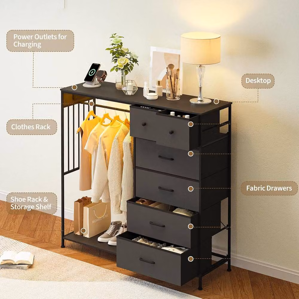 London Boutique 6-Drawer Dresser with Hanging Rod and Charging Station in Black – 4