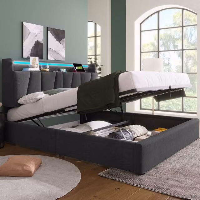 BTM Grey Fabric King Size Bed with USB Charging Port, LED Headboard and Side Storage Compartments, W/D/H: 180 x 200 cm – 1