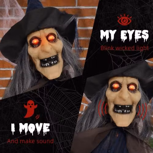 HOMCOM Halloween Animatronic Witch with Broomstick and Light Up Eyes in Brown, Height: 190 cm – 4