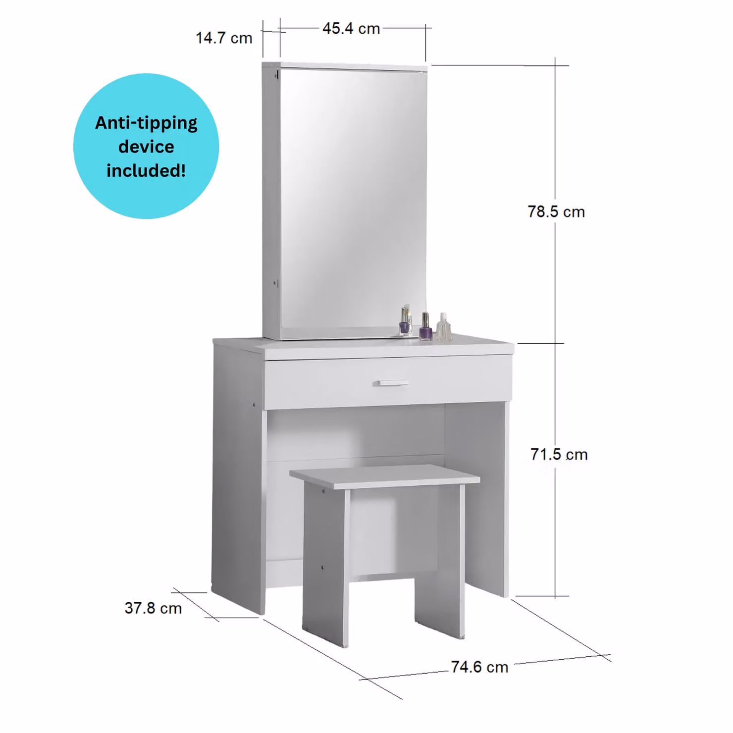 Home Source Modern Makeup Dressing Table Set with Vanity Mirror and Stool in White – 2