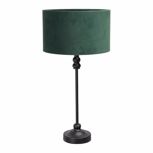 ValueLights Maggie Black Metal Candlestick Slim Table Lamp with Green Velvet Drum Shade