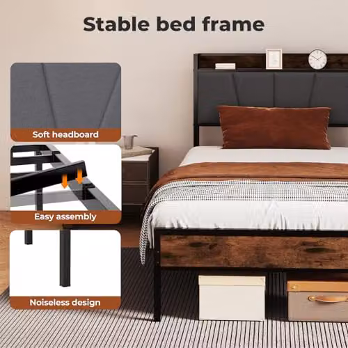 Levede Modern Upholstered Metal Bed Frame with Side Compartments and Bedside Shelf in Brown, W/D/H: 90.5 x 190 x 30 cm – 8