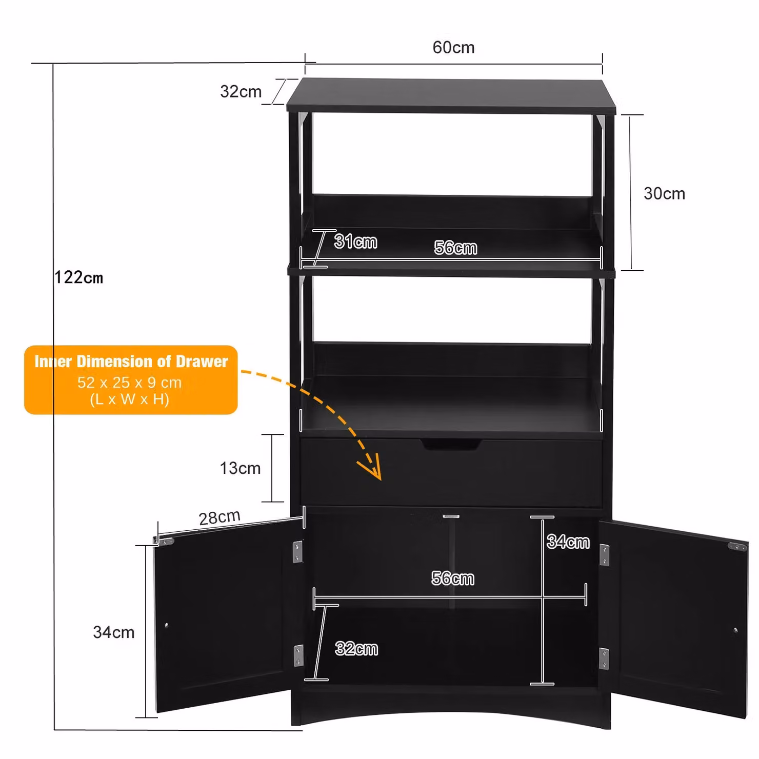 Costway Black Wooden Tall Freestanding Bathroom Floor Cabinet with 2 Open Shelves and Internal Storage – 2