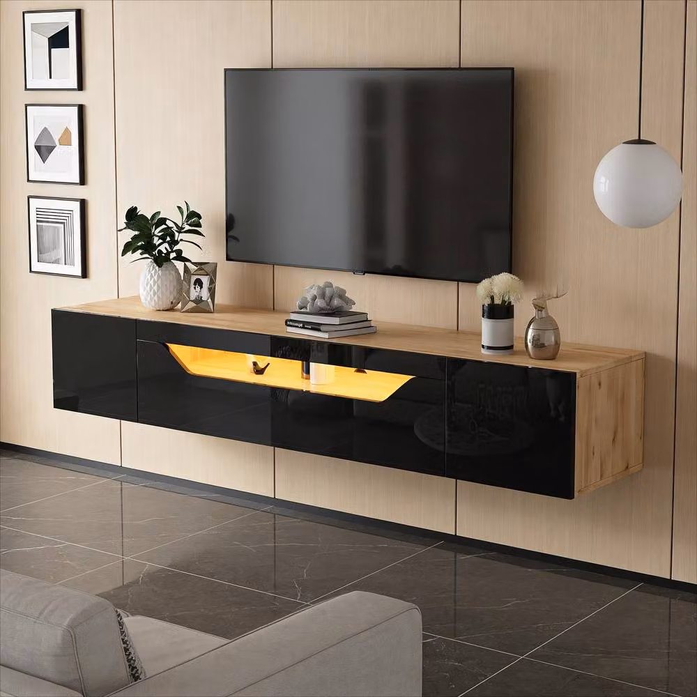 BTM Black High Gloss Floating Wall Mounted TV Stand with LED, W: 180 cm, D: 37 cm, H: 37 cm – 2