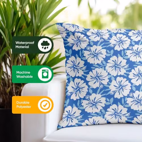 Gardenwize Pack of 2 Blue Hawaiian Floral Outdoor Scatter Cushions, Square Weather Resistant Decorative Pillows with Removable Washable Covers, 45 x 45 cm – 4