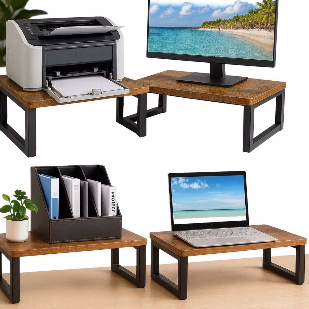 KORVIXA Vintage Wood Monitor Stand Riser with Desktop Storage in Brown – 4