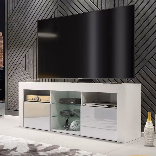 Creative Furniture Modern TV Unit in White with High Gloss Grey Doors, W: 145 cm, H: 53 cm, D: 35 cm