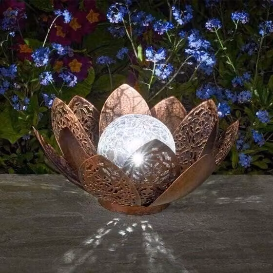 Marco Paul Bronze Metal Solar Garden Flower Ornament with Multicolour Crackle Glass Ball, Height: 27 cm – 1