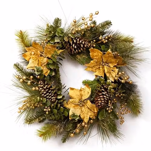 SHATCHI 60 cm Christmas Wreath with Gold Berries, Poinsettia, Eucalyptus Leaves and Pine Cones