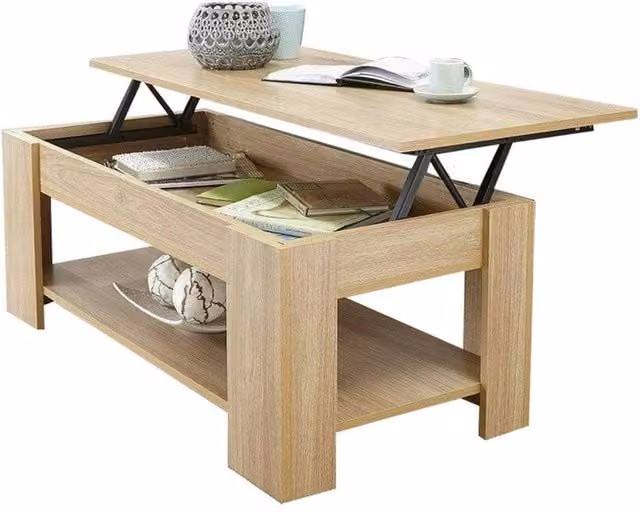 FLAVORA Modern Rectangular Wooden Coffee Table with Lift Top and Storage Shelf in Brown – 1