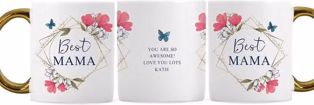 Personalised Memento Company Women's Personalised Geometric Floral Ceramic Mug in White with Gold Handle