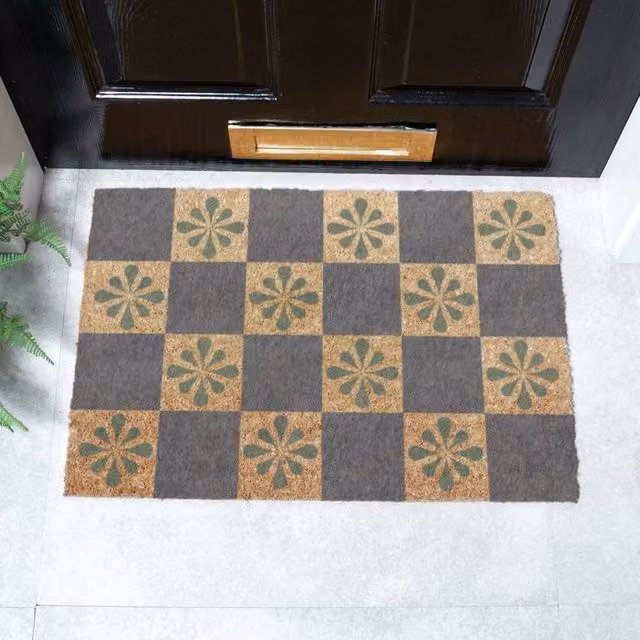 Artsy Mats Blue Check and Petals Coir Doormat in Brown, W/D: 60 x 40 cm