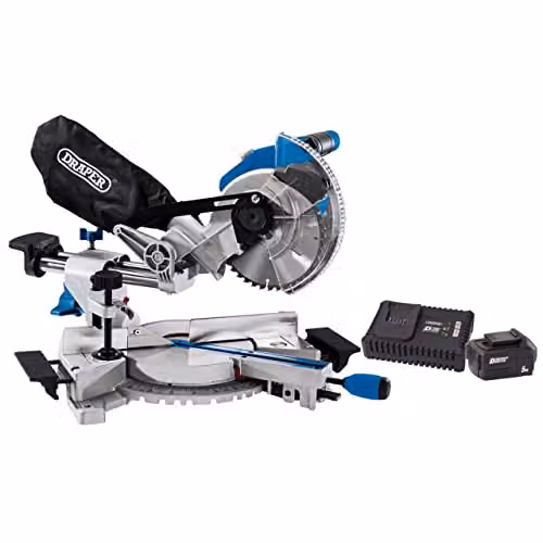 Draper D20 20V Brushless Sliding Compound Mitre Saw with 185mm Blade, 5.0Ah Battery and Twin Charger