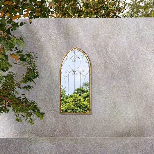 MirrorOutlet Kirkby Metal Arch Shaped Window Garden Mirror in Brown