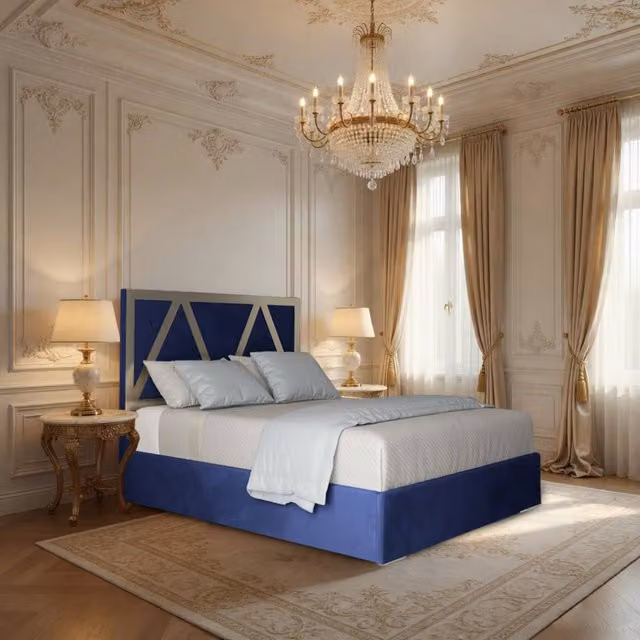 Casani Warrington Single Upholstered Velvet Designer Bed Frame in Blue with Metal Details, W/D/H: 90 x 200 cm