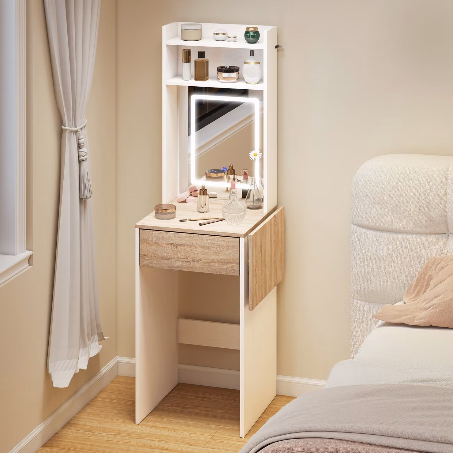 HOMCOM Small White Vanity Desk with LED Mirror, Drop Leaf Dressing Table with Open Shelves and Drawer – 2