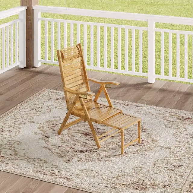 Komore Brown Bamboo Rattan Relax Recliner Chair with Ottoman and Armrests