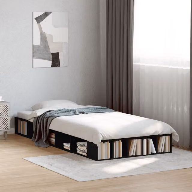 Berkfield Home Small Single Bed Frame in Black with Side Compartments, W: 75 cm, D: 190 cm – 1