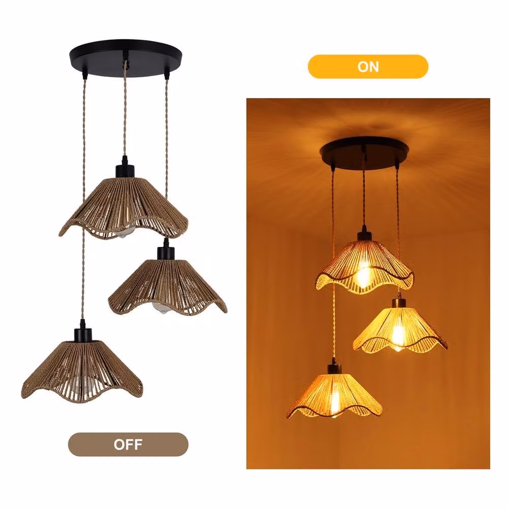 NIVOR 3 Light Boho Rattan and Metal Farmhouse Pendant Chandelier in Brown – 2