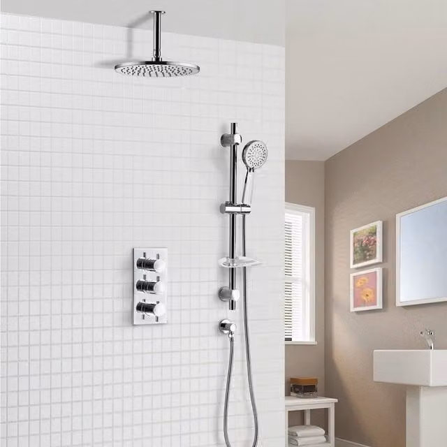 Nes Home Calla Round Concealed Thermostatic Shower Mixer Set with Ceiling Head and Adjustable Slider Rail Handset in Silver – 1