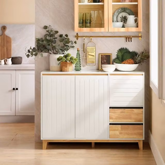 SoBuy Scandinavian Style Credenza Cabinet in White and Natural Wood