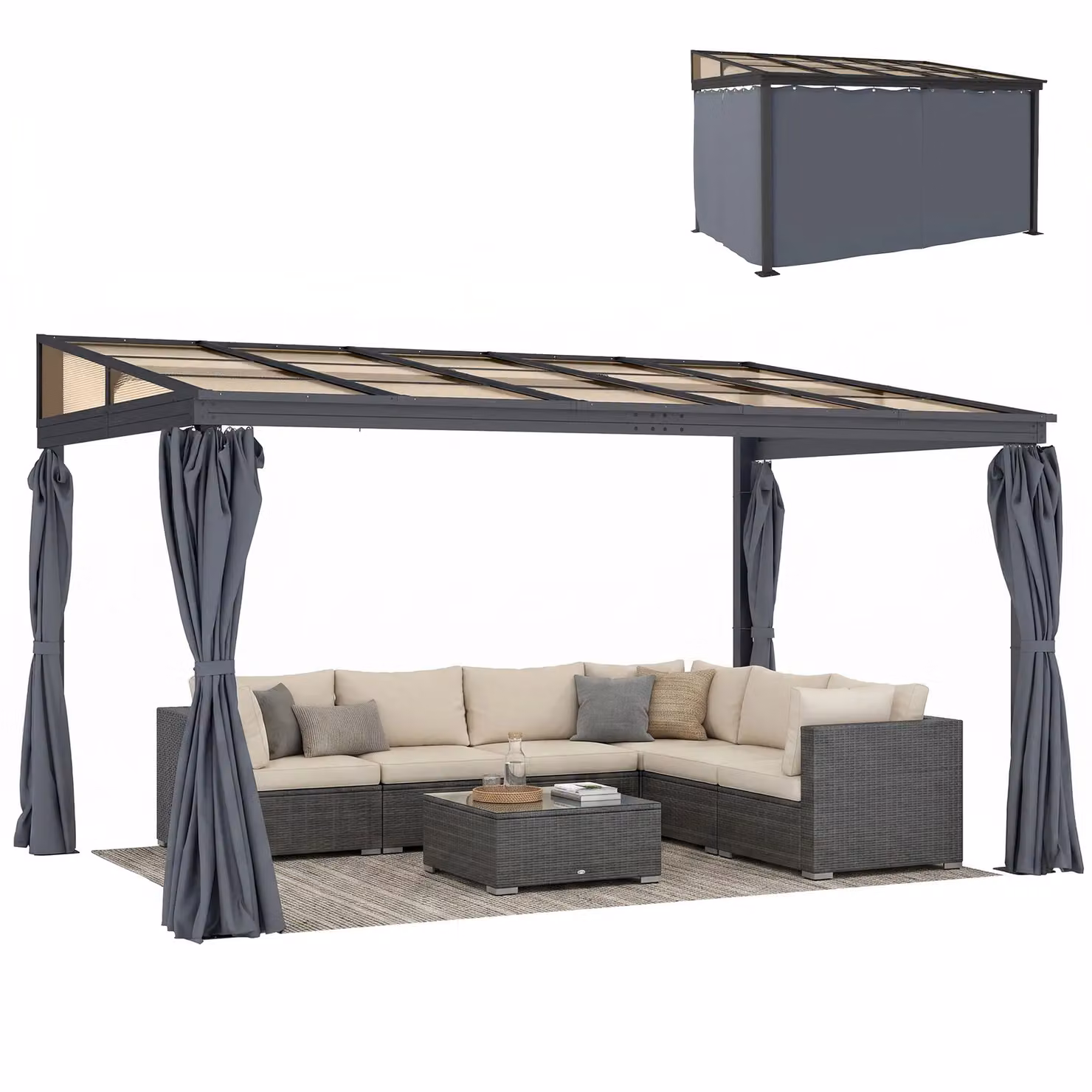 Outsunny Modern Lean-to Pergola Gazebo with Polycarbonate Roof in Grey, W: 400 cm, D: 300 cm, H: 245 cm – 3