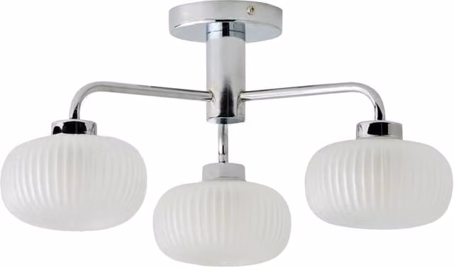 ValueLights Amaia 3 Way IP44 Bathroom Ceiling Light with Ribbed Glass Shades and Bulbs in Silver