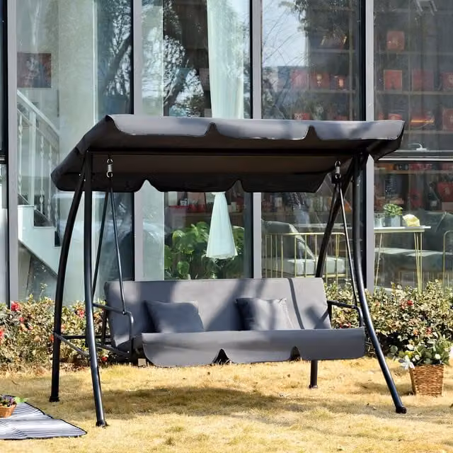 Outsunny 3 Seater Garden Hammock Bed with Sun Canopy and Cushions, Deep Grey