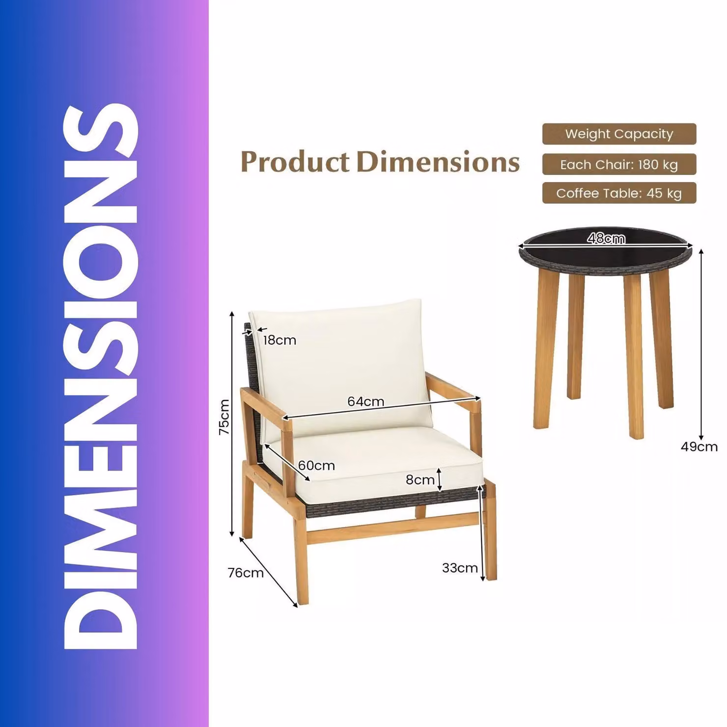 FURNOS Set of 3 Rattan Bistro Table and Chairs in Natural Acacia Wood with Metal and Glass Details – 2