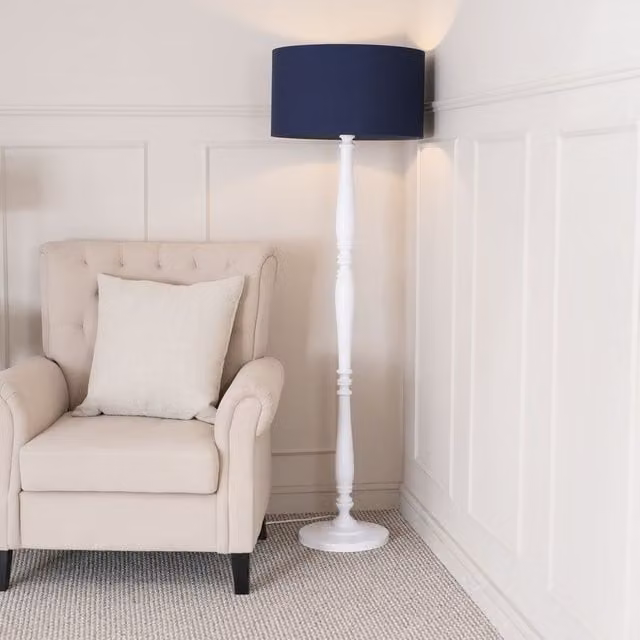 ValueLights Victoria Traditional White Wood Stem Floor Lamp with Navy Blue Fabric Drum Shade – 1