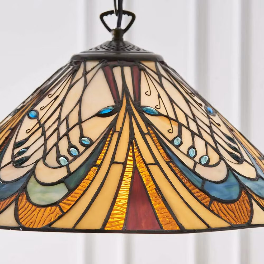 Loops Tiffany Art Nouveau Glass Hanging Ceiling Pendant Light in Bronze and Multicolour – 2