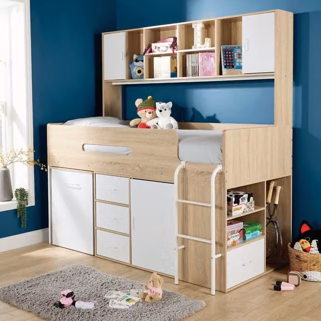 Home Source Cabin Loft Single Bed with Integrated Storage Shelves and Hidden Desk in White – 1