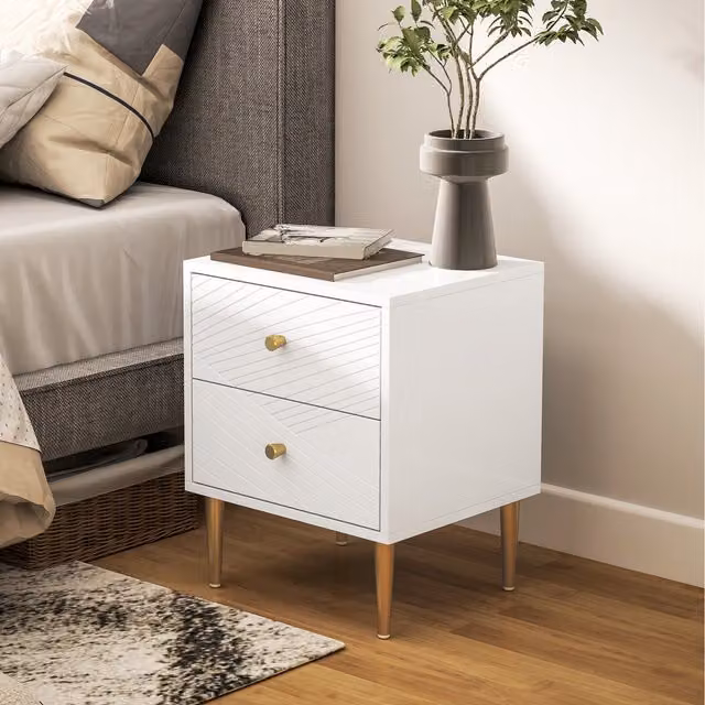 HOMCOM Modern White and Gold Bedside Table with Curved Line Panels