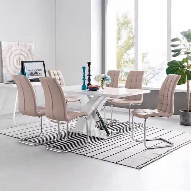FurnitureboxUK Atlanta Rectangle Chrome Metal High Gloss White Dining Table and 6 Murano Chairs in Cappuccino