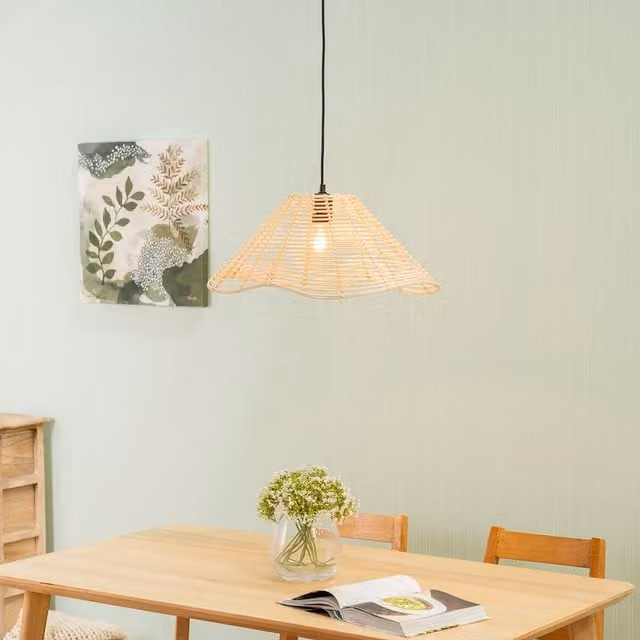 Harlow Boho Wavy Rattan Wicker Cone Ceiling Light Shade with LED Bulb in Beige, Brown and Yellow