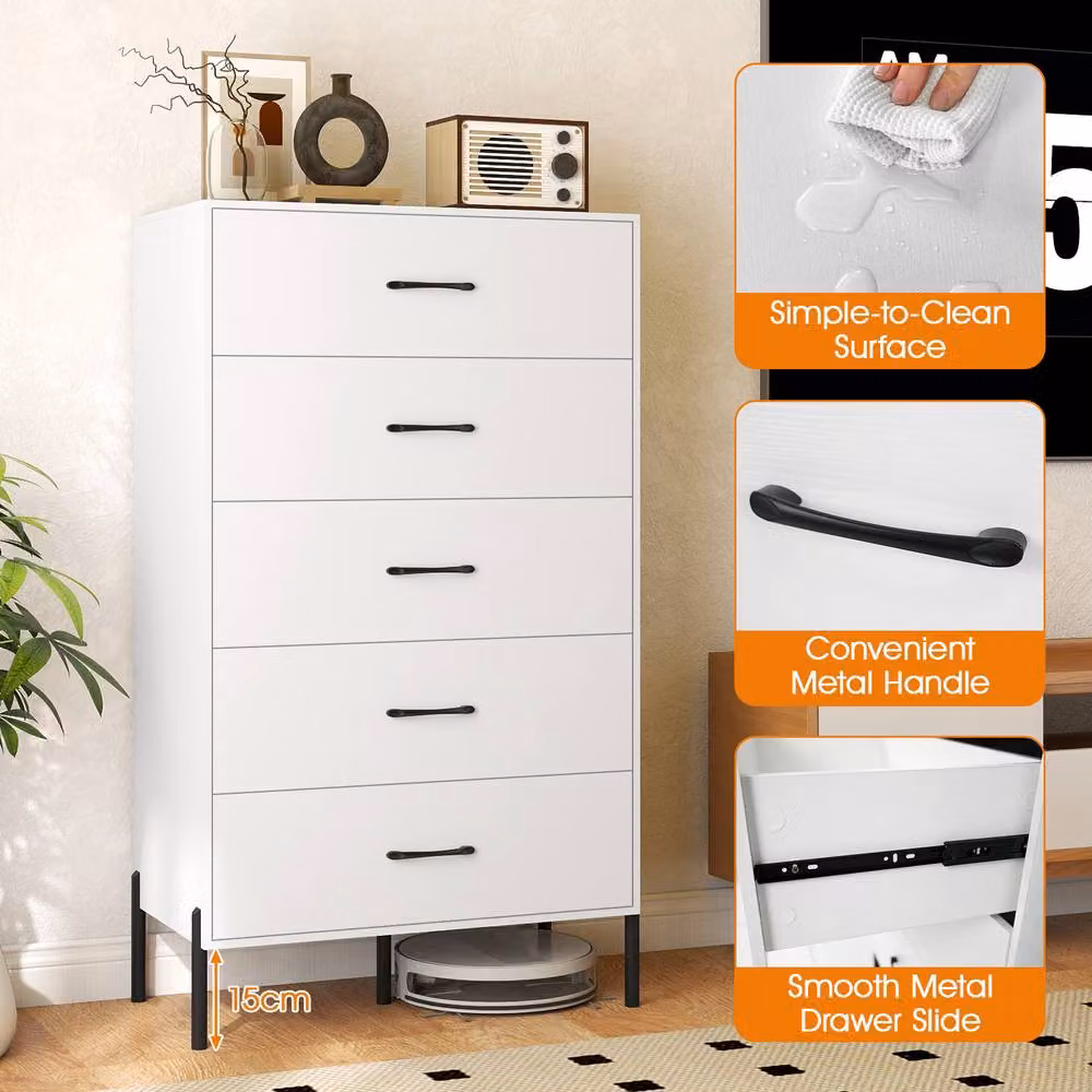 Gymax Modern Tall 5-Drawer Chest of Drawers in White – 3