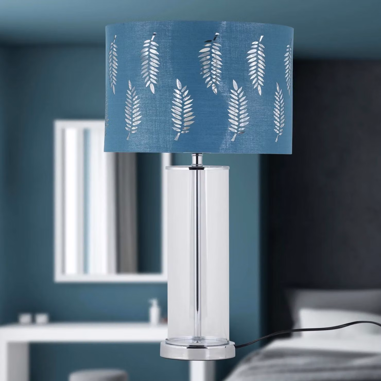 First Choice Lighting Aura Chrome Table Lamp with Teal Fern Cut Out Silver Inner Shade – 4