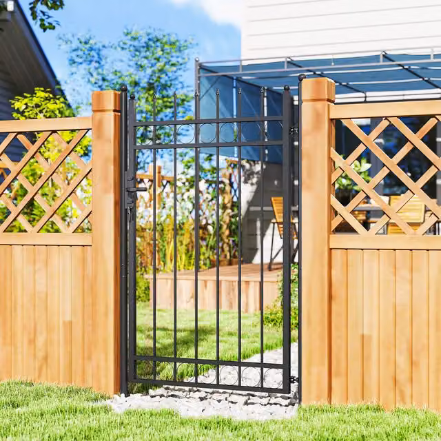 Outsunny Black Galvanised Steel Lockable In-Ground Garden Fence Gate