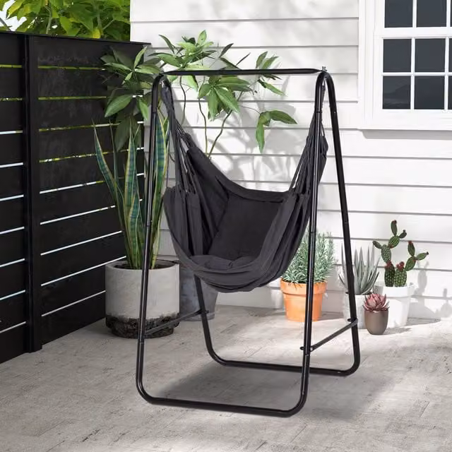 Outsunny Cushioned Garden Hammock Chair with Stand in Dark Grey