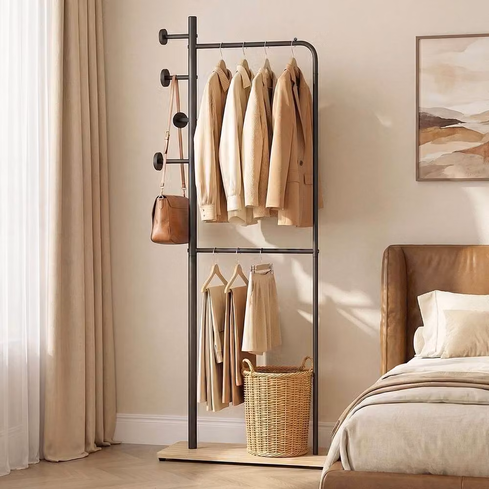 Havendro Freestanding Double Rod Clothes Hanging Storage Organizer Rack in Matt Black – 2